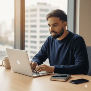 Web developer working on a laptop creating a modern website